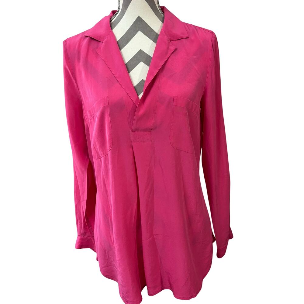 Lilly Pulitzer Dusk Silk Top Blouse Size Large Vibrant Pink V-Neck Long Sleeve
